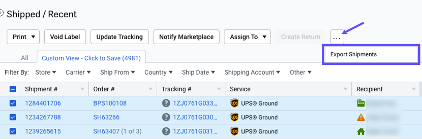 Shipments grid shows selected shipments. Box highlights the Export Shipments button in the Action bar.