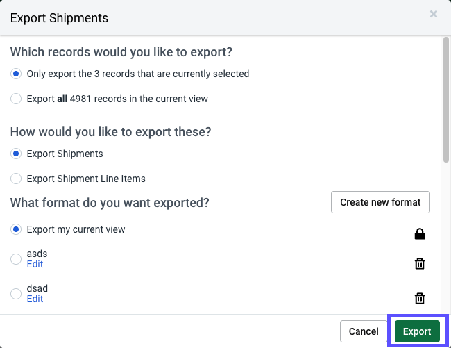 Export Shipments popup. Red box highlights Export action button at bottom right.
