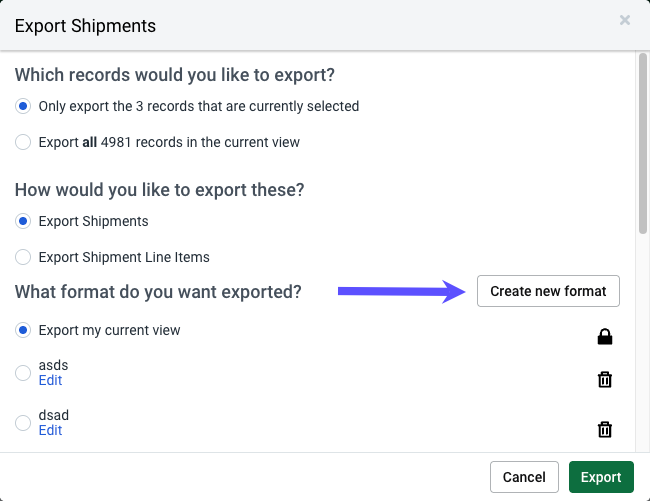 An arrow pointing to the Create new format button.