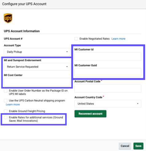 Formulario de configuración de UPS con las opciones de servicio de consolidación resaltadas.