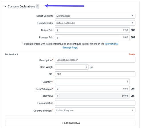Order details screen with the Customs Declarations section expanded and highlighted.