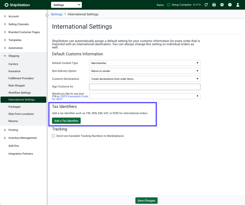 Tax Identifiers section of International settings highlighted with Add a Tax ID button