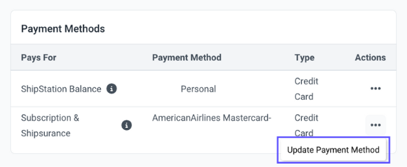 La opción de actualizar método de pago se muestra para el saldo de ShipStation.