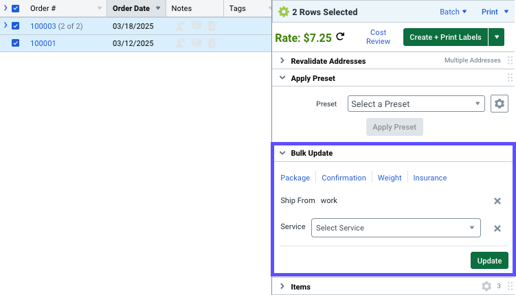 Kasten hebt den Abschnitt „Massenaktualisierung“ in der „Versand“-Seitenleiste des Auftragsrasters hervor