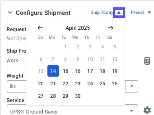 Detailansicht des „Versanddatum“-Kalenders. Das Dropdown-Menü für das Versanddatum und den Kalender sind hervorgehoben.