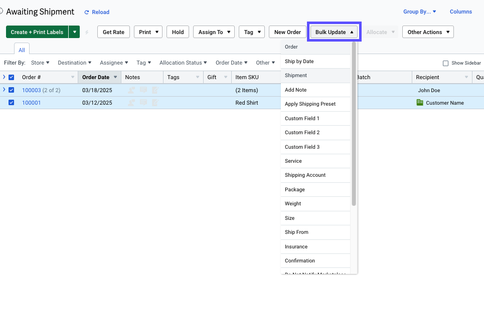 Aufträge-Registerkarte, der Kasten hebt das Drop-down-Menü „Massenaktualisierung“ hervor