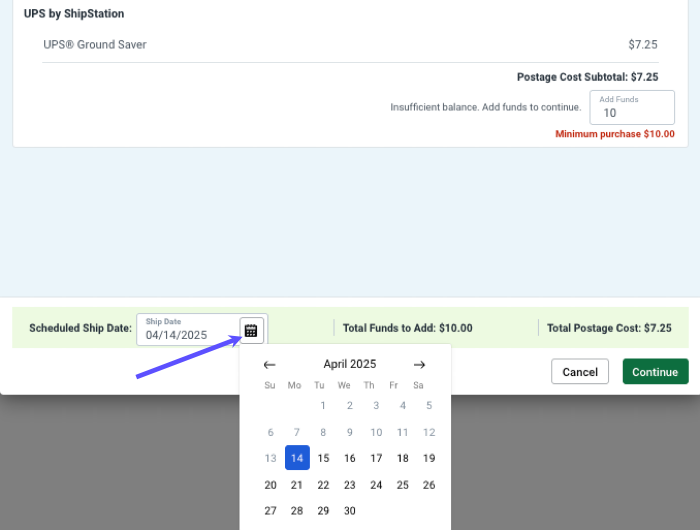 Pop-up zur Kostenüberprüfung, der Pfeil zeigt auf den Versanddatumskalender, mit dem Sie das Versanddatum ändern können
