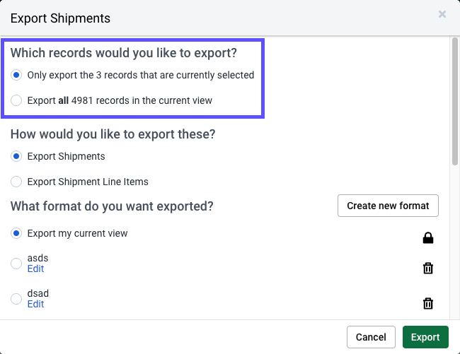 Pop-up „Sendungen exportieren“. Der rote Kasten hebt die Optionsfelder hervor, welche Datensätze exportiert werden sollen: Alle oder nur die aktuell ausgewählten.