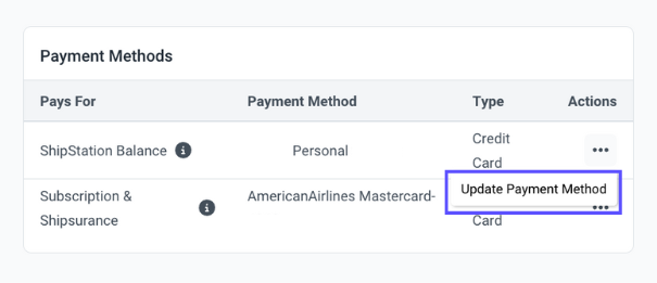 The update payment method option is shown for ShipStation balance.