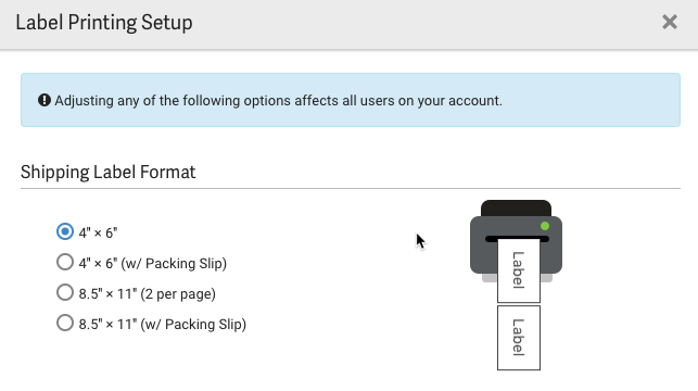 Label Printing Setup, Shipping Label Formats. 4 by 6 selected. Preview shows labels in landscape layout.