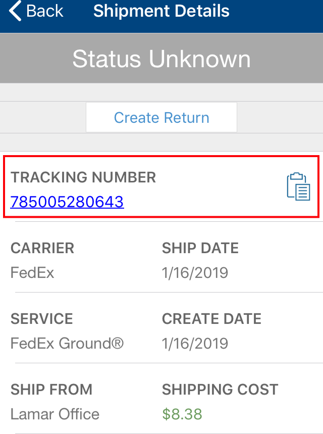 Mobile Shipment details with Tracking number highlighted.