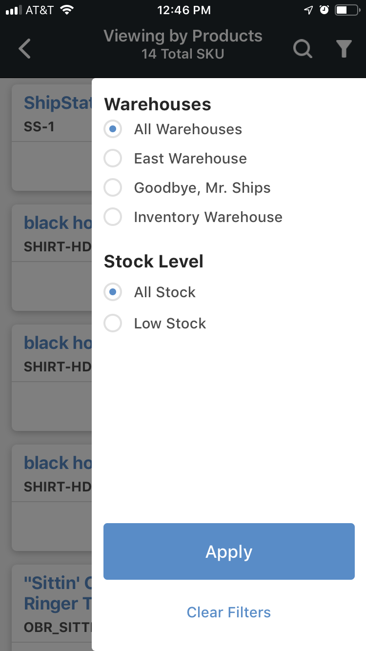 Menu mobile des stocks > Affichage par produits > Filtres.