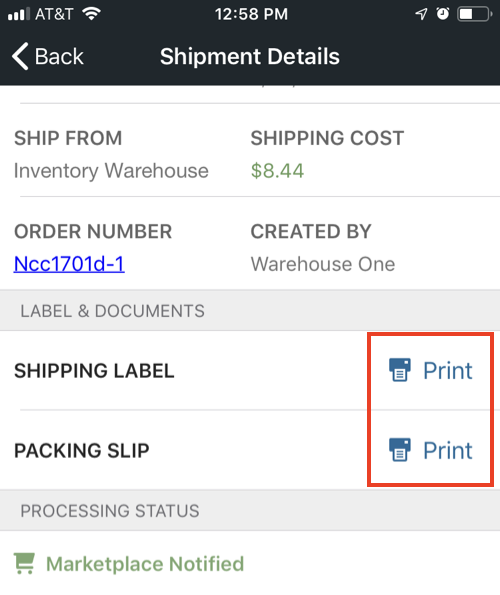 Pantalla de Detalles del envío en Mobile con la opción de impresión de etiqueta y talón de empaque resaltada