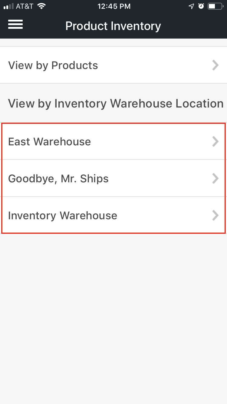 Dans l'application mobile, menu Stock des produits, les noms des entrepôts sont encadrés en rouge.
