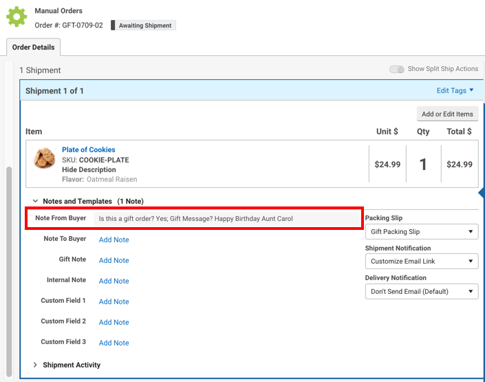 Order sidebar. Red box highlights the Note from Buyer field and text entry.