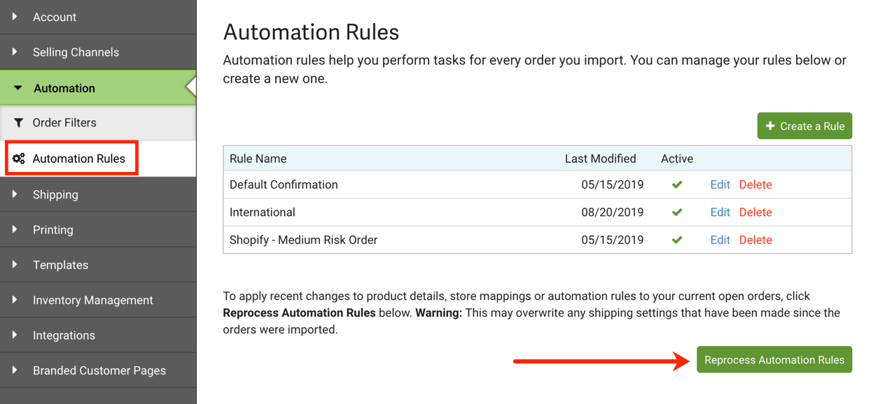 Automation Rules. Arrow points to Reprocess Automation Rules button.