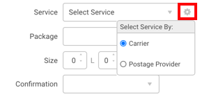 Red box indicate the action menu gear icon location at right of Service dropdown