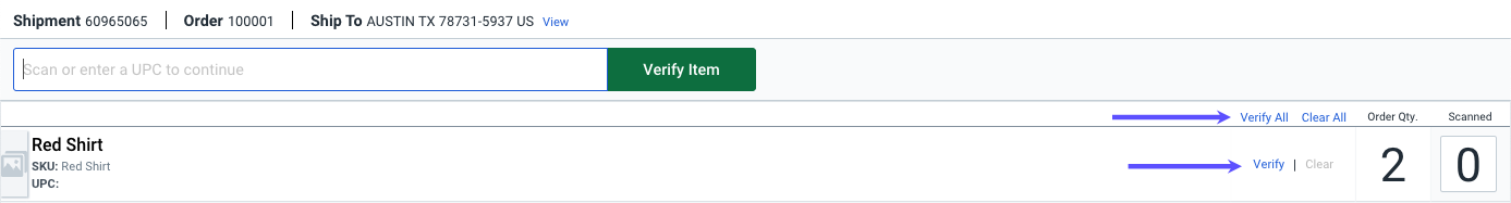 Scan page with an order open and arrows pointing to the Verify and Verify All options