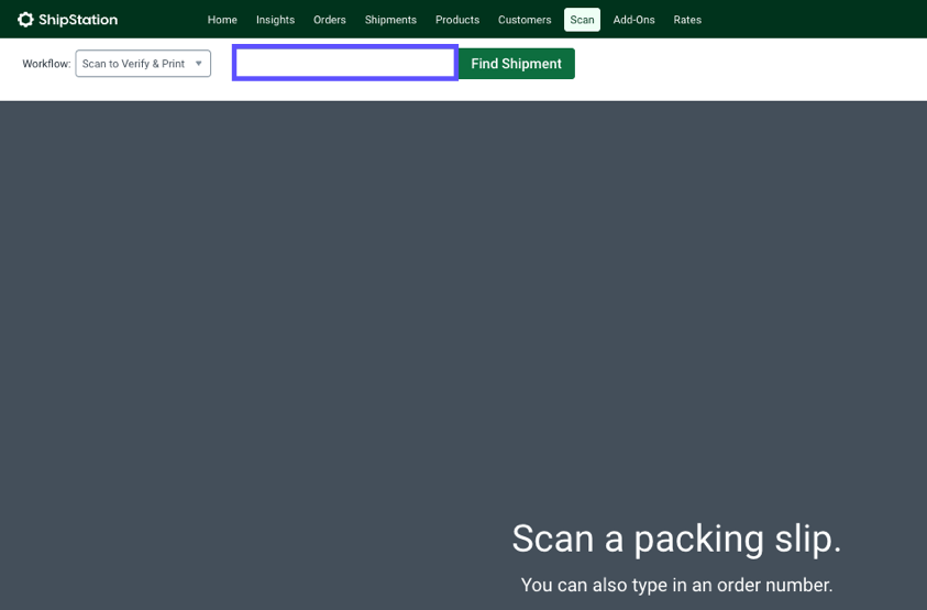 Scan page with Scan to Verify & Print selected and the Find Shipment field highlighted