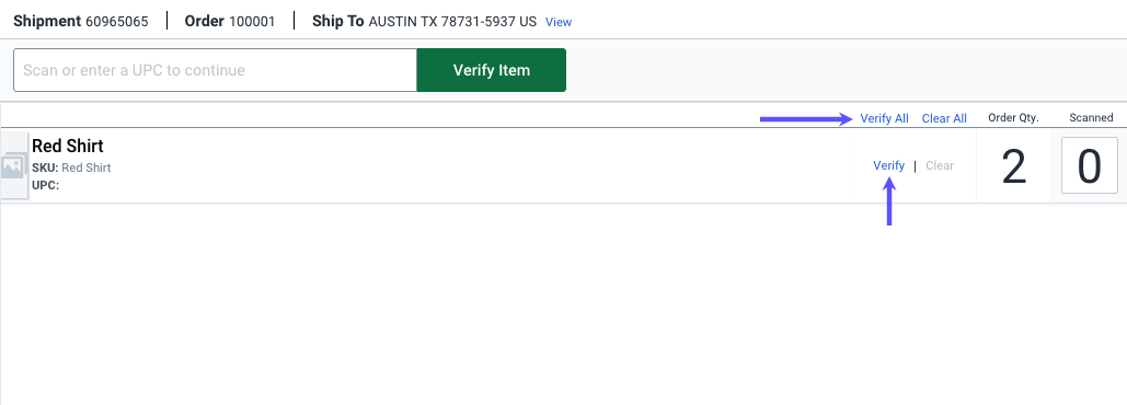 Scan page with an order open and arrows pointing to the Verify and Verify All options for a product