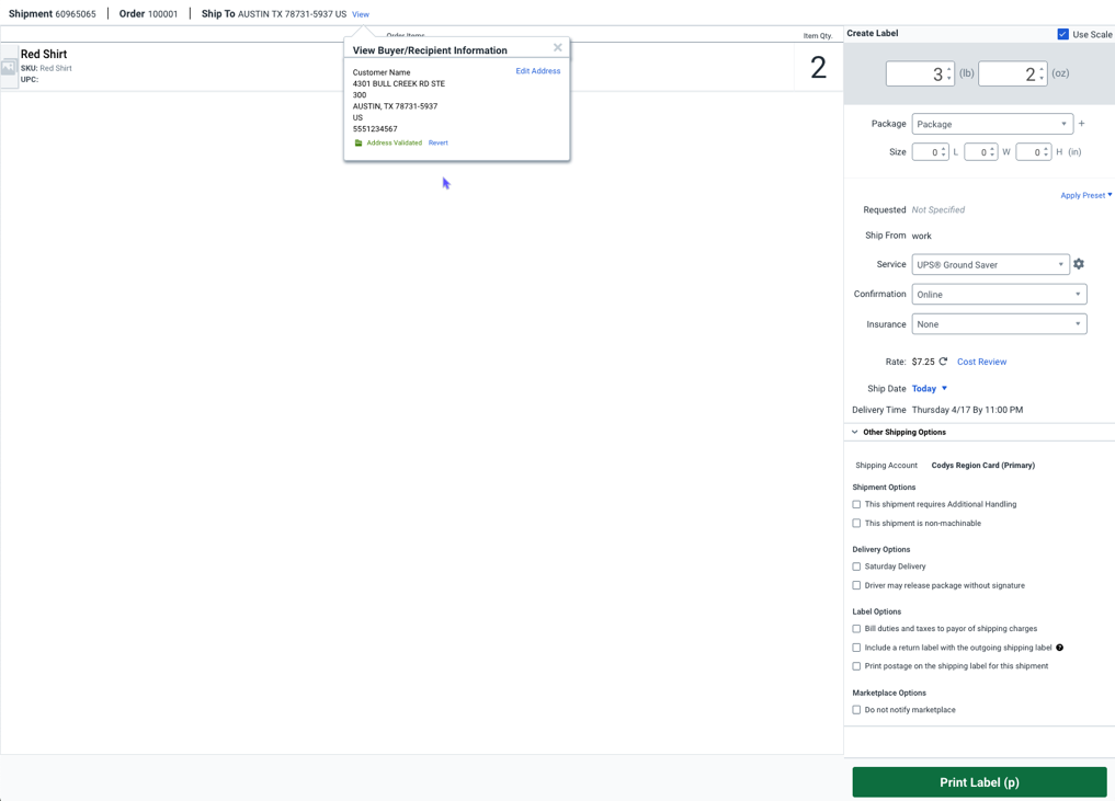 The Scan tab showing the details - items and shipment configuration - for a scanned order