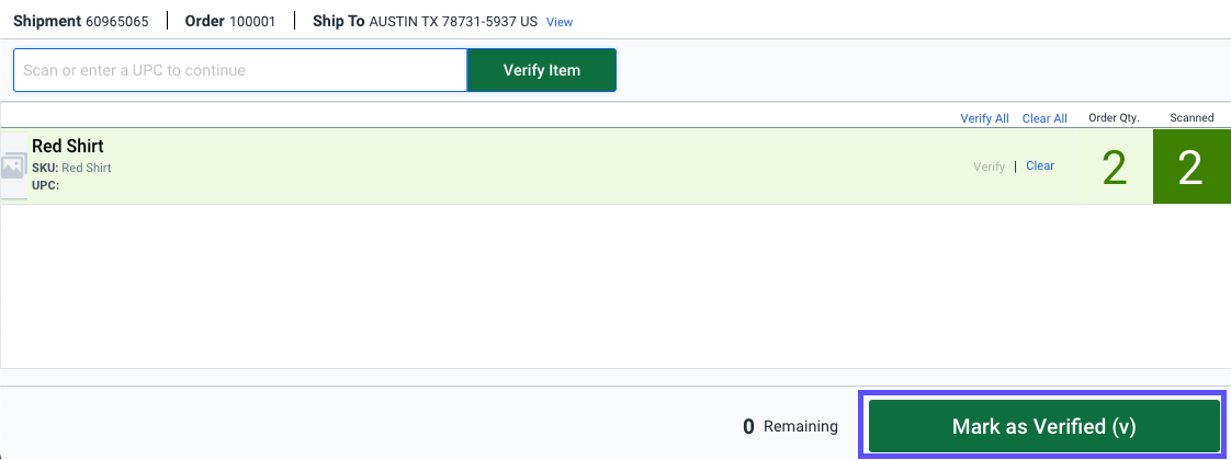 Scan page with all item quantity verified and the Mark as Verified button highlighted