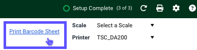 Scan page with Print Barcode Sheet link highlighted