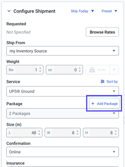 Configurar widget de envío Muestra el botón + Agregar paquete.