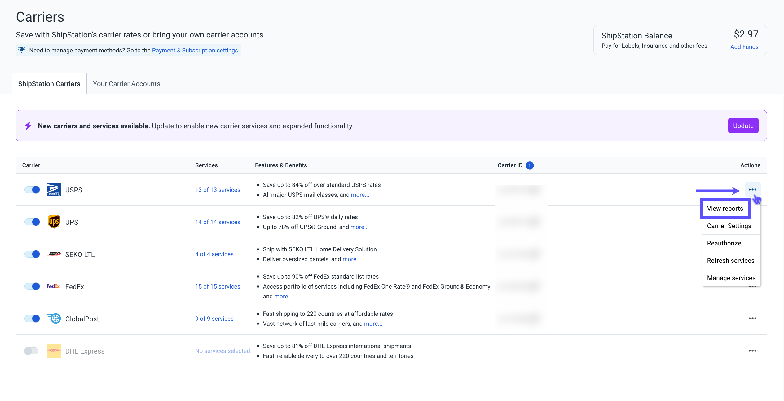 Carriers settings for ShipStation Carriers USPS, arrow points to Action menu