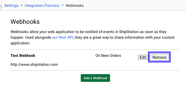 Webhooks-Menü mit hervorgehobener Schaltfläche „Entfernen“.