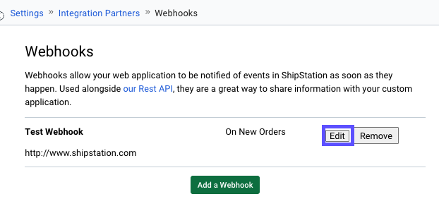 Webhooks-Menü mit hervorgehobener Schaltfläche „Bearbeiten“.