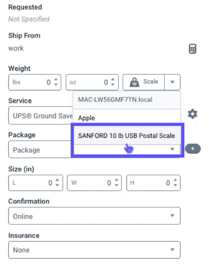 Widget „Sendung konfigurieren“, Optionen im Dropdown-Menü „Waage“, DYMO-Waage hervorgehoben