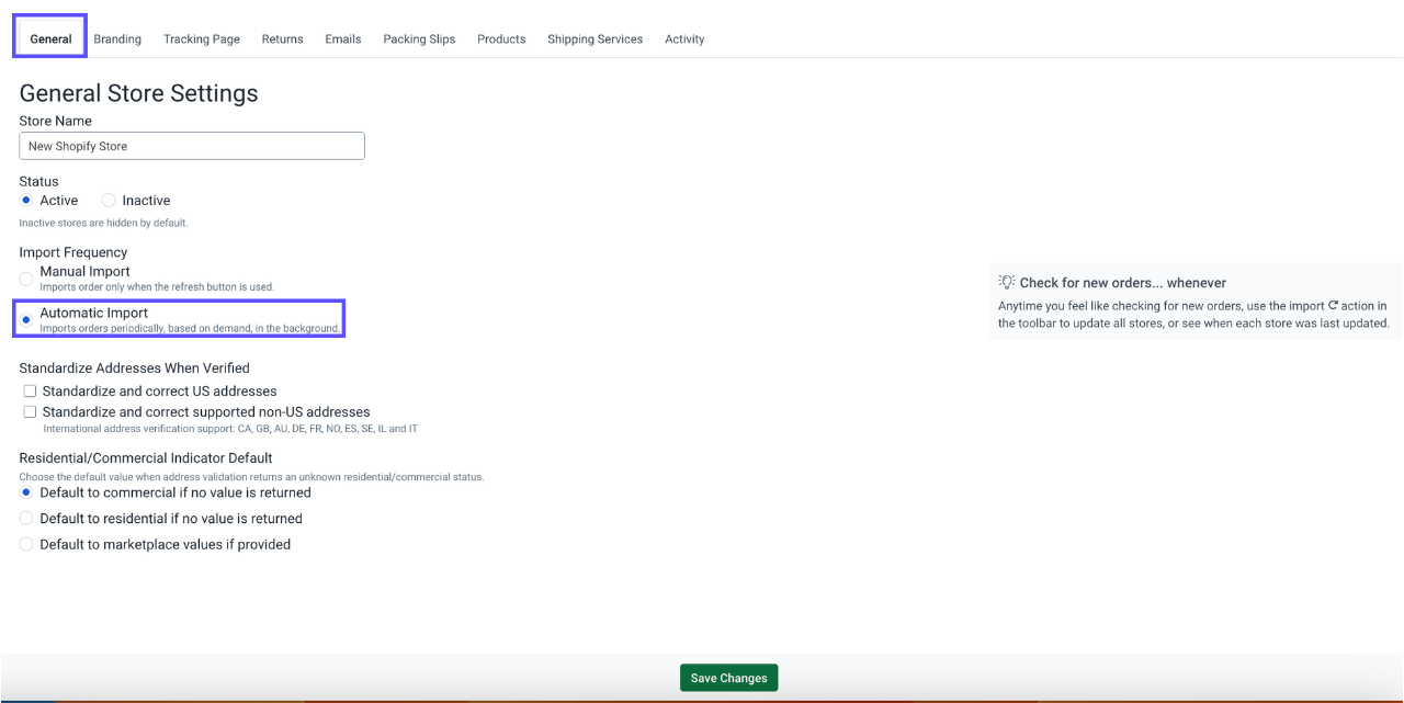 Store settings page: General tab. Option to periodically update stores while you are away outlined.