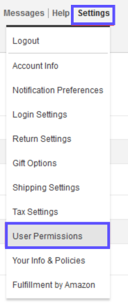 Amazon-Oberfläche mit „Settings“ (Einstellungen) und den Benutzerberechtigungen