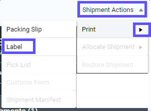 The shipment actions button is expanded and print > label is selected.