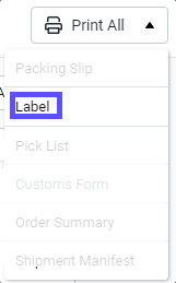 The print all button is expanded and the print > label option is highlighted.