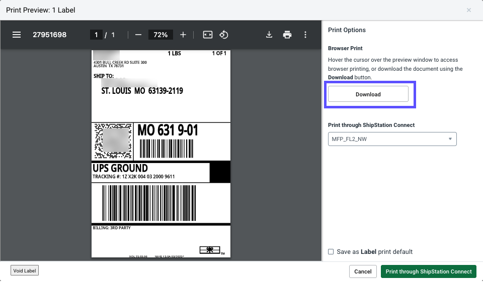 Print window, sample label. Red box highlights, Download option (selected).