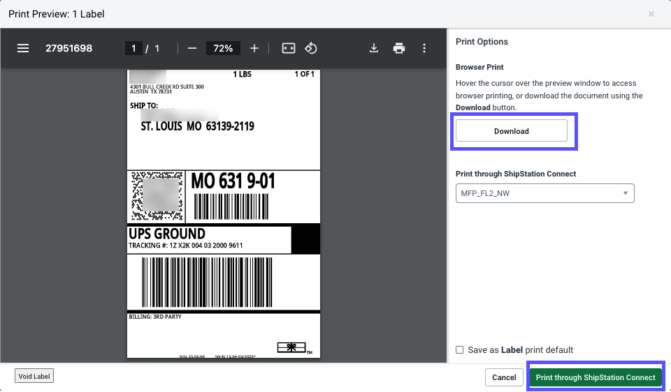 Print pop-up with sample label. Red box highlights options: Print, or Download