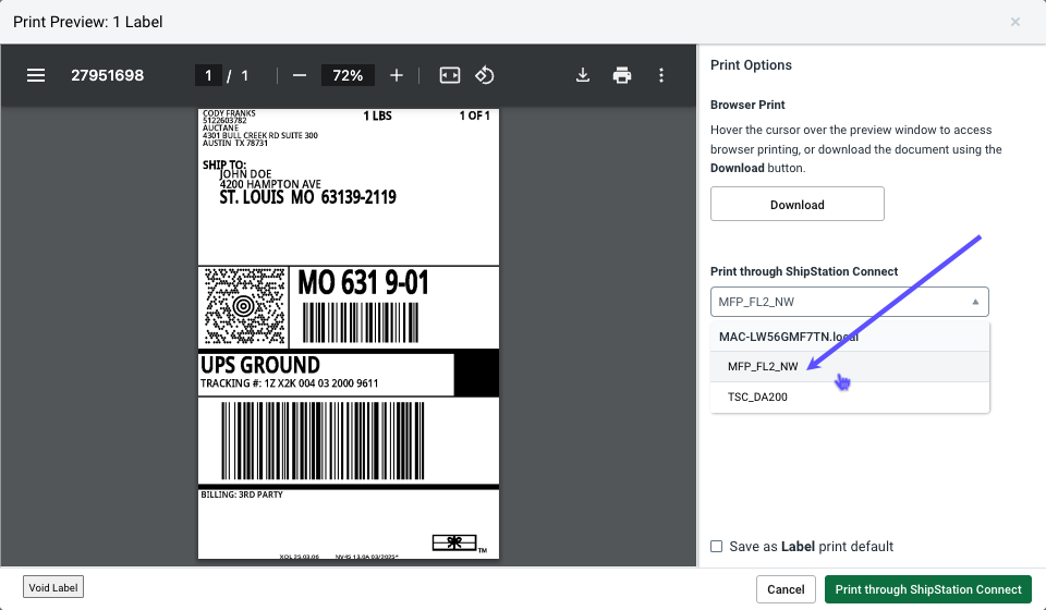 The selected printer is highlighted in the dropdown with a button named Print through ShipStation Connect.