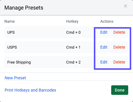 Manage Presets popup. Red box highlights 2 Action buttons: Edit & Delete