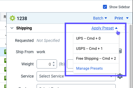 Apply Preset pop-up menu, with available Presets shown