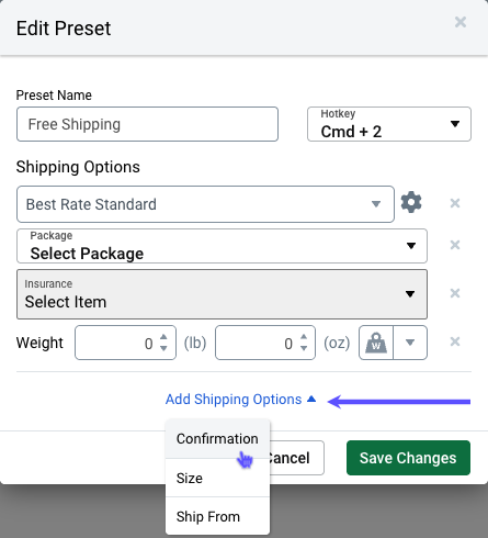 New Preset pop-up. Arrow points to Add Shipping Options dropdown