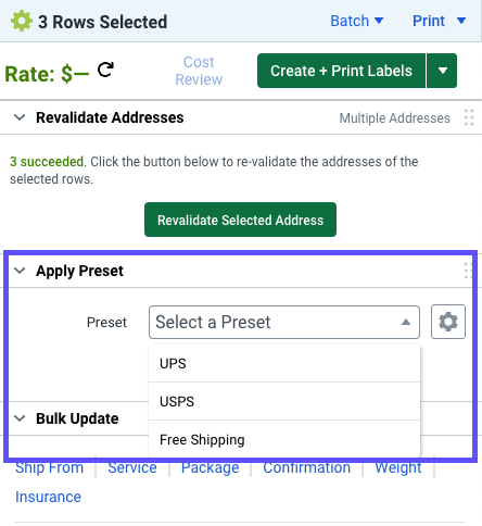 V3 Bulk Apply preset from the Shipping sidebar. Shows Select a Preset drop-down