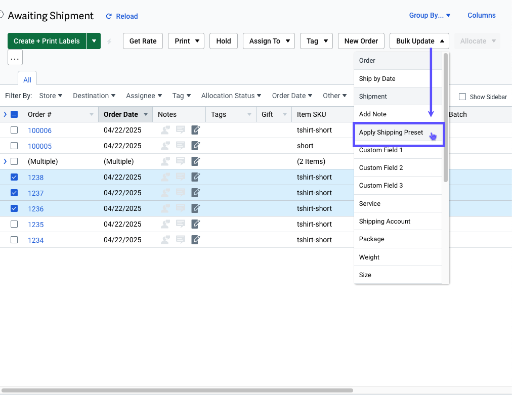 Arrow points to Bulk Updates menu, red box highlights Apply Shipping Preset option in drop-down