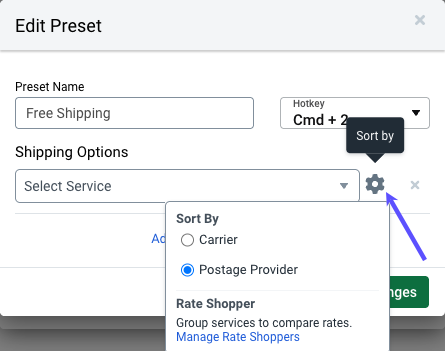 New Preset pop-up. Arrow points to the Shipping Options settings that opens the Sort by menu.