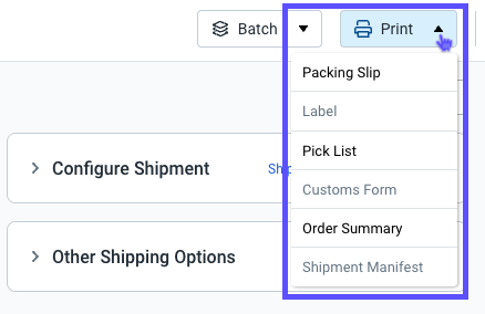 Der rote Kasten markiert die Schaltfläche „Auftragsdetails“ mit den folgenden Dropdown-Optionen: Lieferschein, Etikett, Pickliste, Zollformular, Auftragszusammenfassung