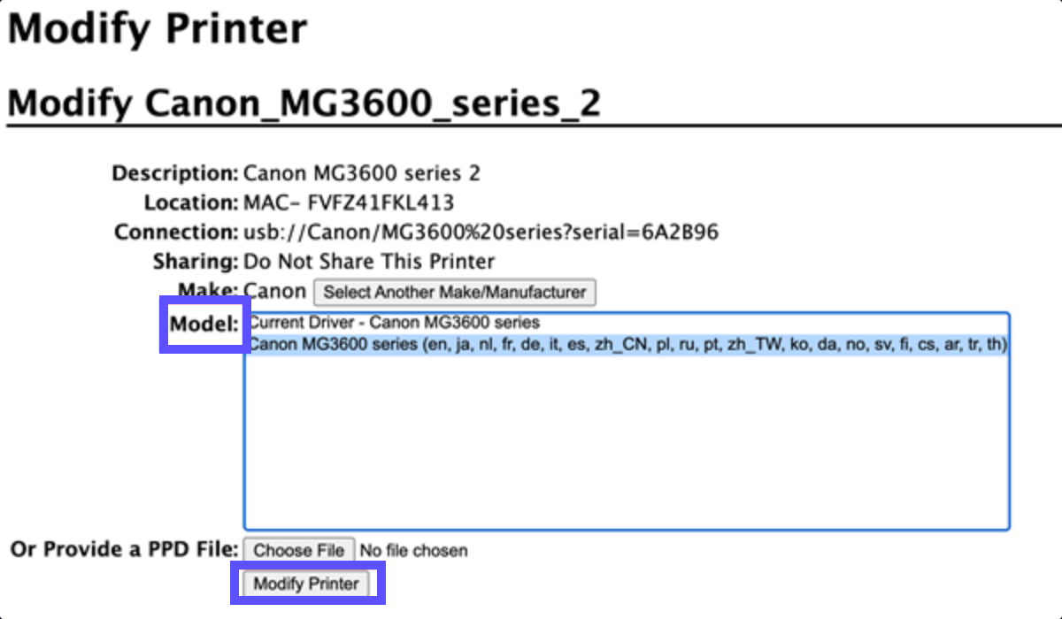 CUPS Modify Printer settings. New printer model selected and "Modify Printer" button highlighted.