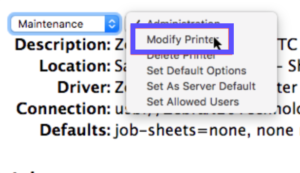 CUP Maintenance menu with Modify Printer option highlighted.