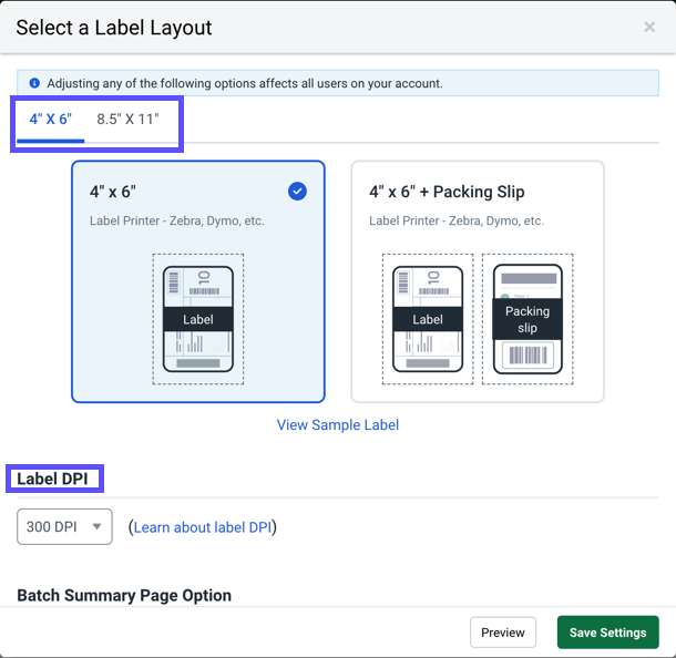La configuración del formato de la etiqueta de envío y DPI de etiqueta se resalta en la ventana emergente Configuración de impresión de etiquetas.