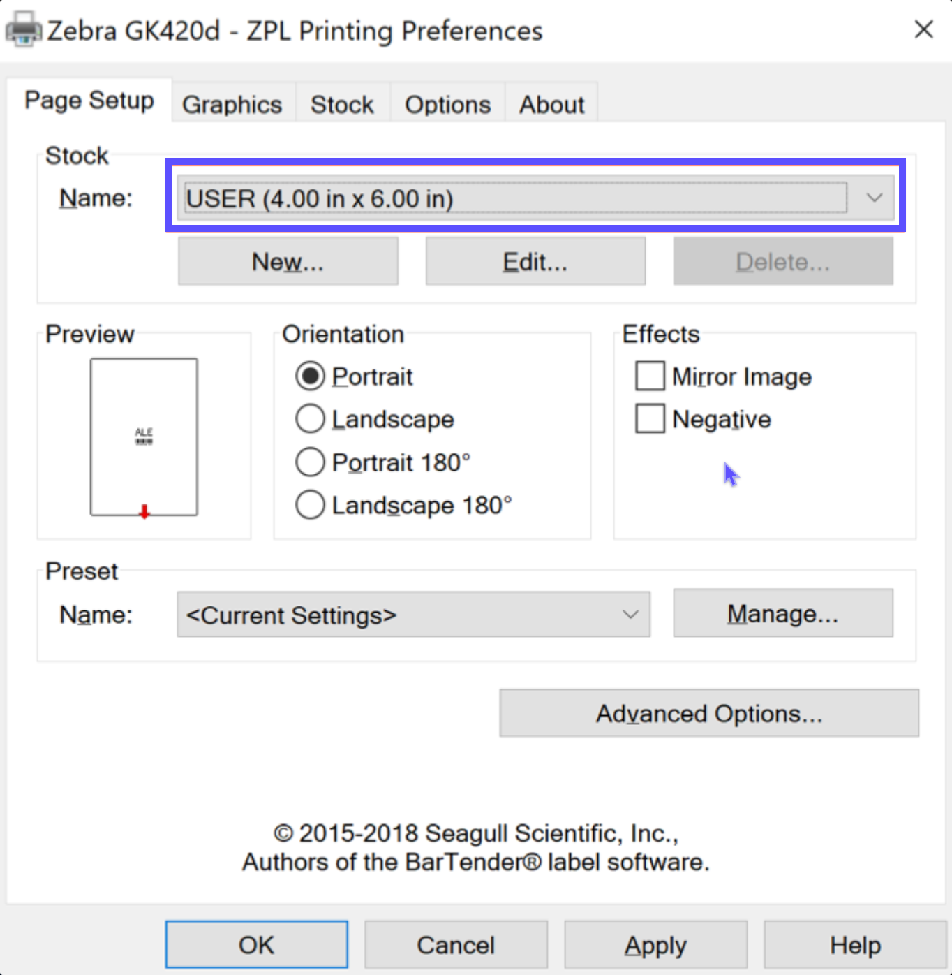 La pestaña Configuración de la página de Preferencias de impresión de Windows abierta con el tamaño de página establecido en 4 por 6 pulgadas.